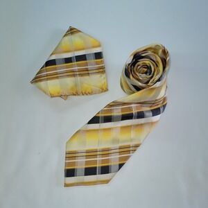 Steven Land Men's Yellow Plaid 100% Silk Necktie & Pocket Square Set‎